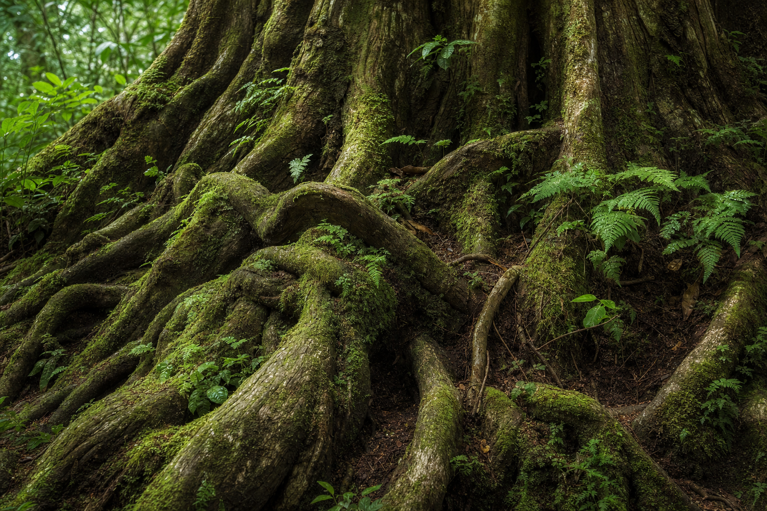 Ancient tree roots covered in moss