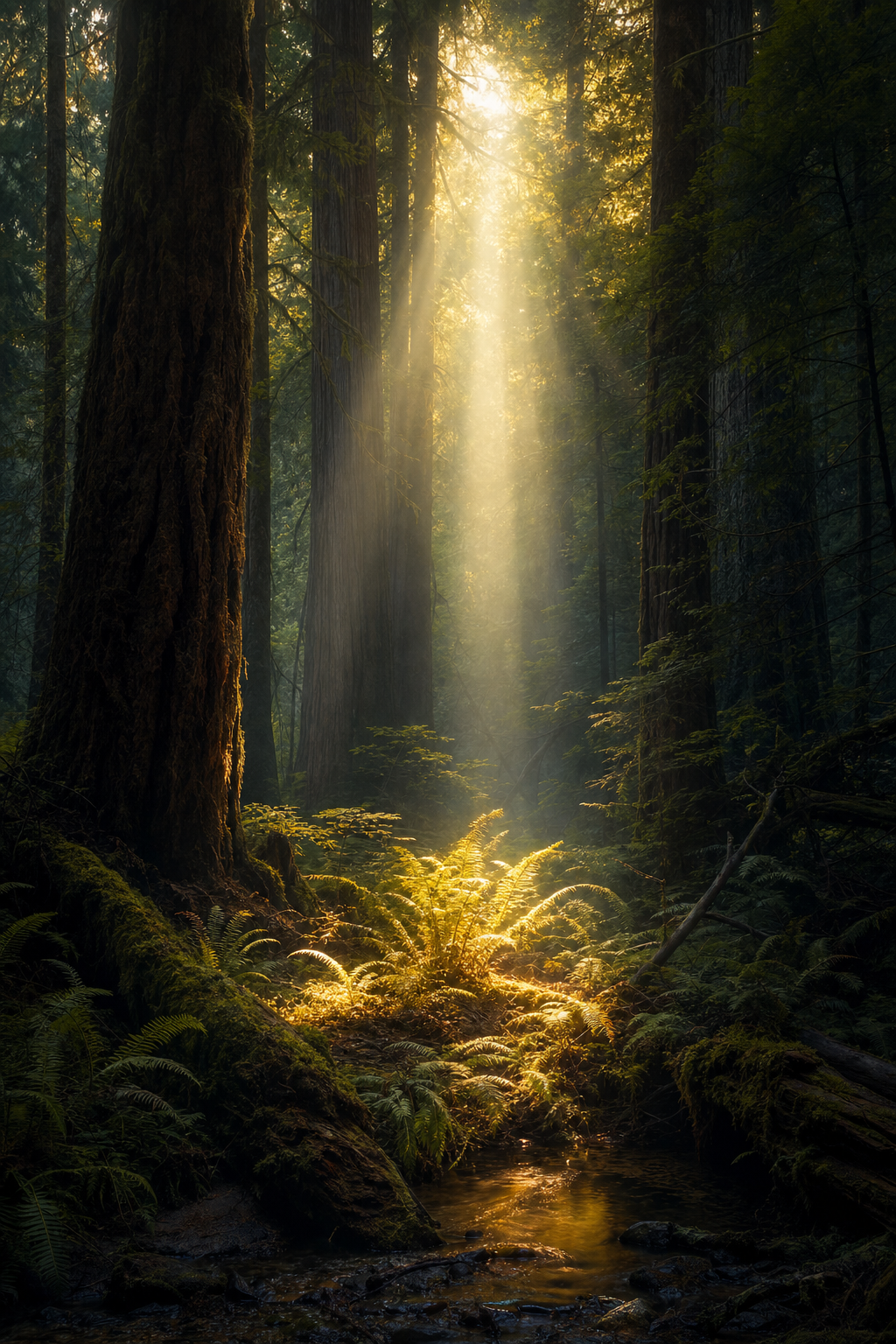 A shaft of light reaching the forest floor